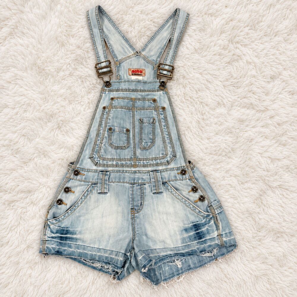 No Boundaries Y2K Light Wash Distressed Denim Shortalls Overalls Juniors 11